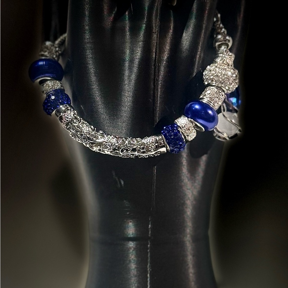 Elegant Silver and Blue Beaded Bracelet - Picture 1 of 6